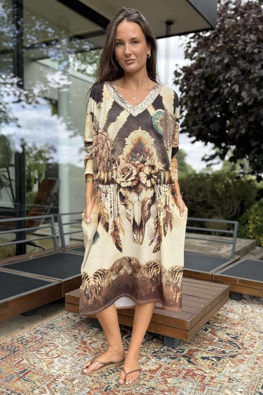 Made in Italy Ezra T Shirt Midi Dress Boho Bison & Zebra